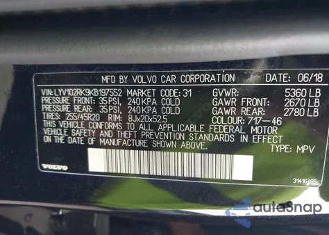 2019 Volvo Xc60 T5 Momentum z USA, uszkodzony, nr VIN LYV102RK9KB197552